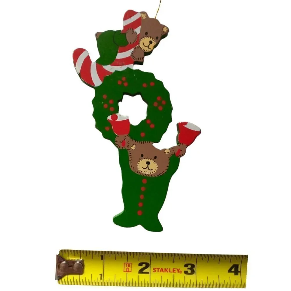 JOY Spell‎ Out Christmas Ornament Folk Art Primitive Die Cut Vintage Wood Bears